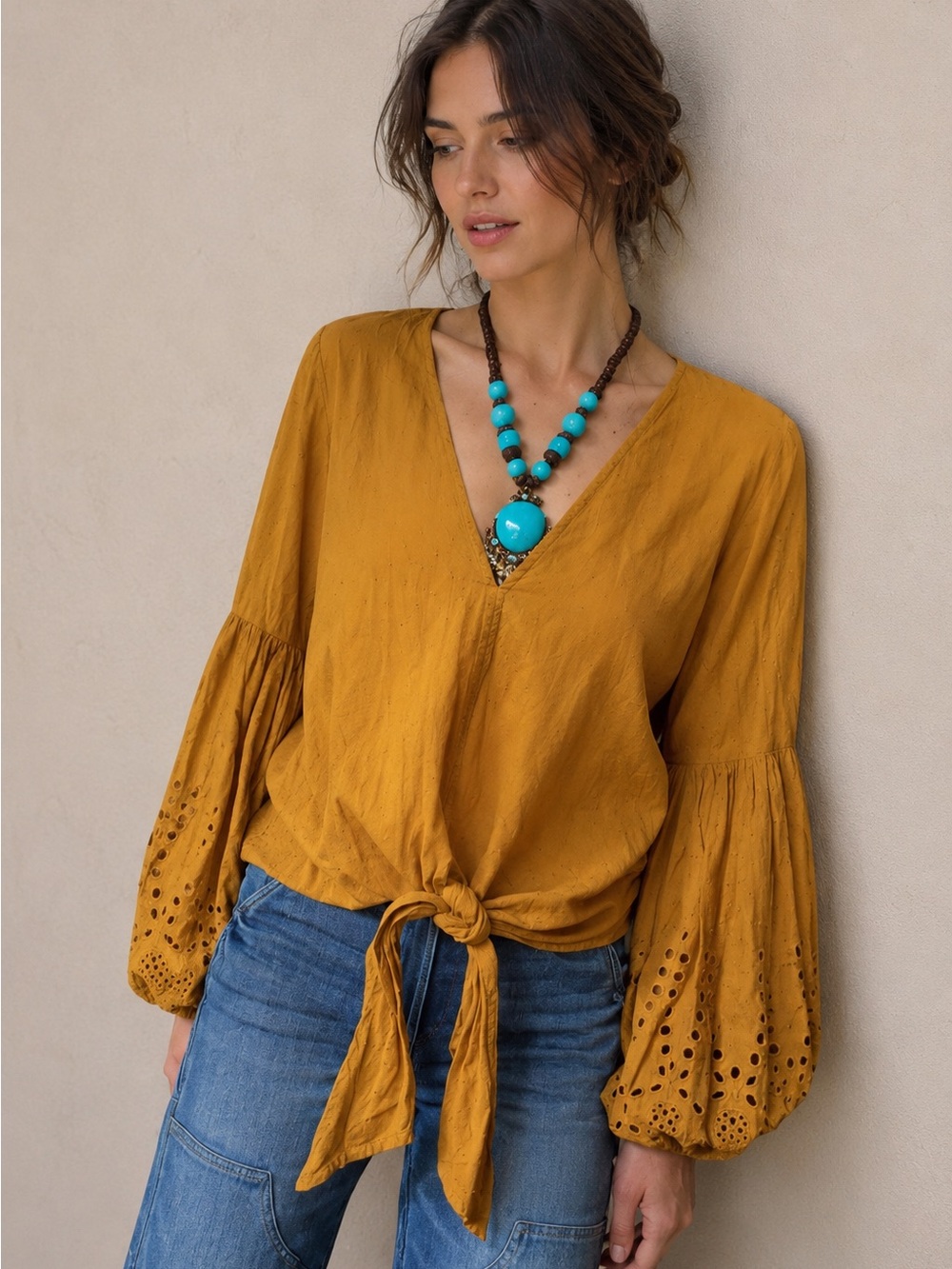 Lovestitch Mustard Tie-Front Boho Balloon Sleeve  Eyelet Blouse Size Medium